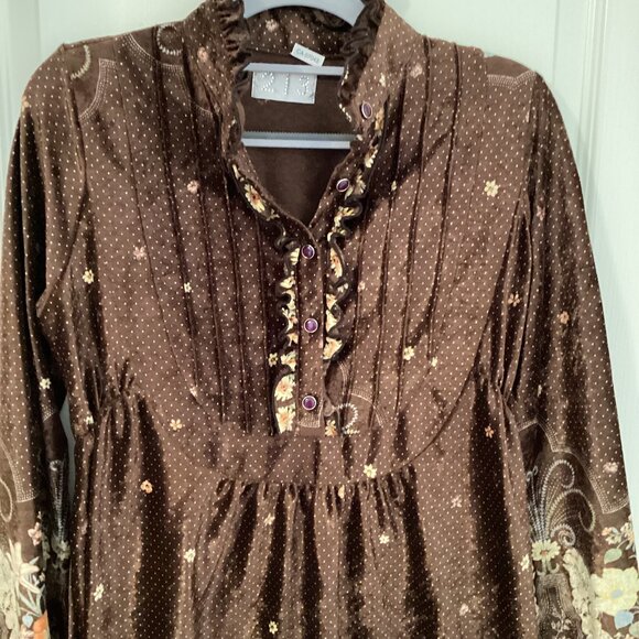 213 Women's Brown Dress Crush Velvet Vintage Retro Style Ruffles Long Sleeves - Picture 2 of 12